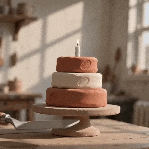 birthday cake GIF — handmade clay layers stacking on a pottery turntable beneath a mint candle