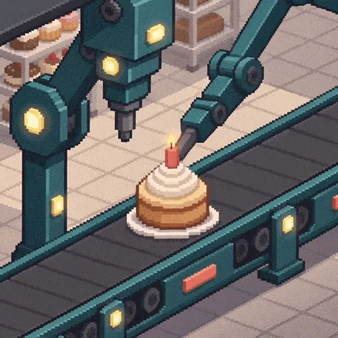 birthday cake GIF — pixel-art cake riding a bakery conveyor beneath frosting machinery and a candle topper