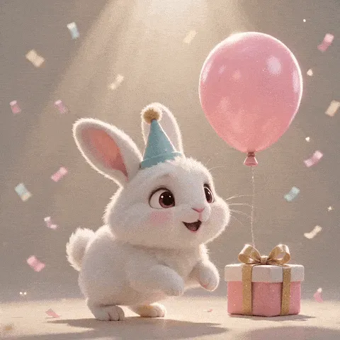 cute bunny birthday GIF — white bunny hopping beside a pink balloon and ribbon-wrapped gift