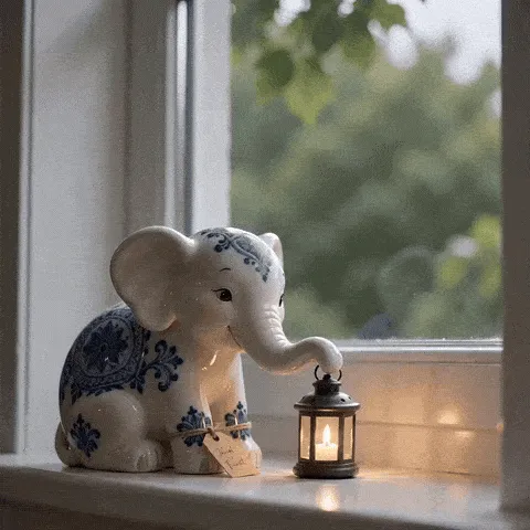 cute ceramic elephant birthday GIF — blue-patterned ceramic elephant lifting a candle lantern on a windowsill