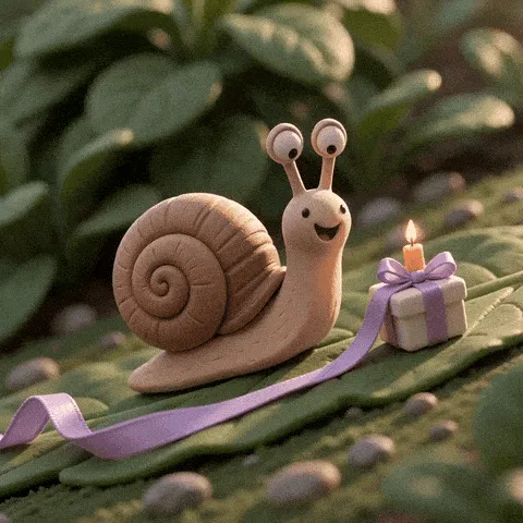 cute clay snail birthday GIF — clay snail unrolling a lilac ribbon toward a small candle-topped gift
