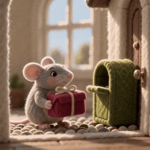 cute felt mouse birthday GIF — needle-felt mouse carrying a raspberry parcel to a green mailbox