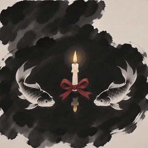 cute ink koi birthday GIF — two ink-wash koi circling a gold candle and red gift knot