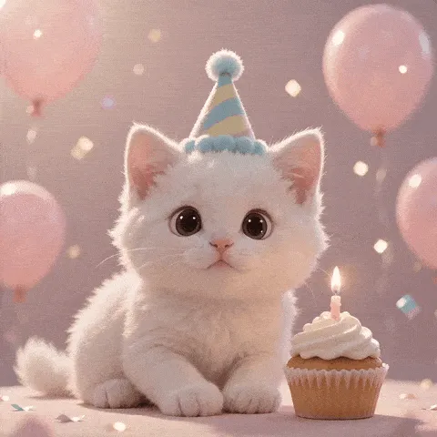 cute kitten birthday GIF — tiny white kitten in a pastel hat blinking beside a birthday cupcake