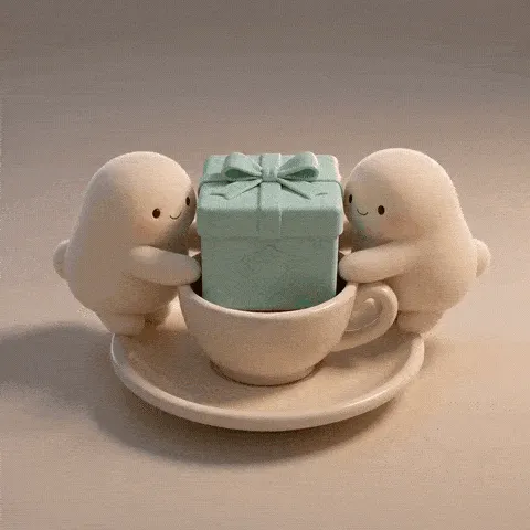 cute mochi teacup birthday GIF — two round mochi characters lifting a mint present beside a cream teacup
