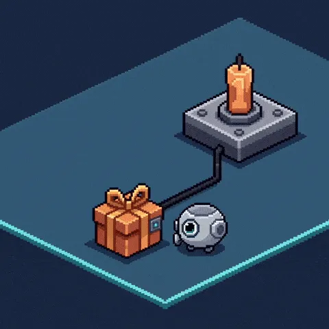 cute pixel robot birthday GIF — tiny pixel robot beside a gift battery connected to a candle platform