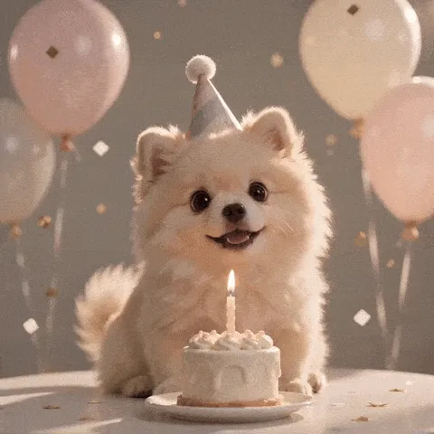 cute puppy birthday GIF — fluffy puppy in a pastel party hat wiggling beside a frosted cake