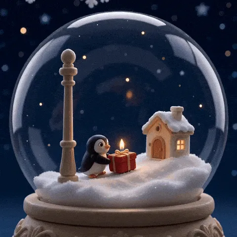 cute snowglobe penguin birthday GIF — tiny penguin pushing a red birthday parcel through snow inside a globe
