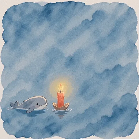 cute watercolor whale birthday GIF — small watercolor whale beside a coral candle in a pale blue wash