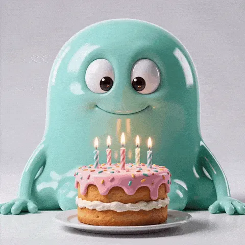 alien laser happy birthday GIF — glossy mint alien watching a pink cake topped with lit candles