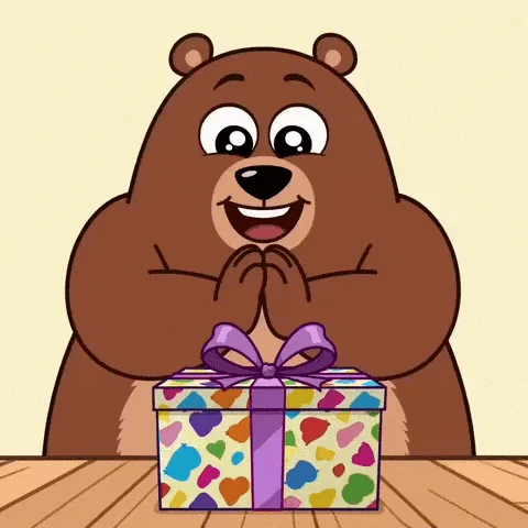 bear giftbomb happy birthday GIF — brown cartoon bear opening a colorful present with a purple bow