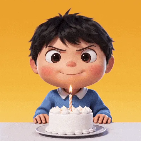 candle fail happy birthday GIF — dark-haired cartoon child facing a single candle on a white cake