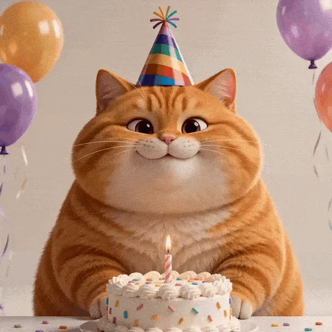 funny birthday cat GIF — orange party cat bobbing behind a frosted cake and balloons