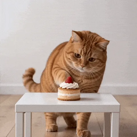 cat pushcake happy birthday GIF — orange tabby eyeing a small cream cake on the edge of a table