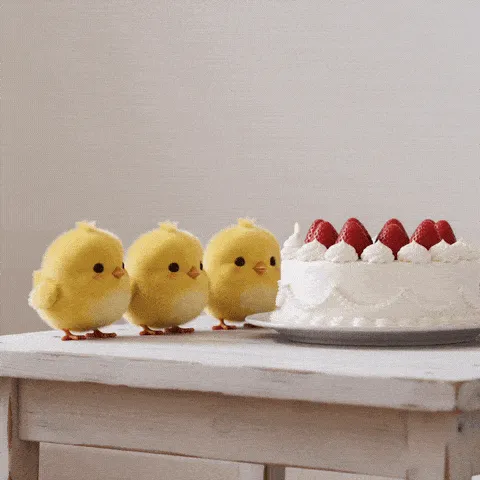 chicks stack happy birthday GIF — three yellow chicks gathering beside a tall berry-covered cake