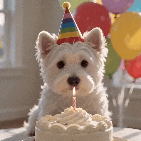 funny dog birthday GIF — fluffy white party dog facing a birthday cake among bright balloons