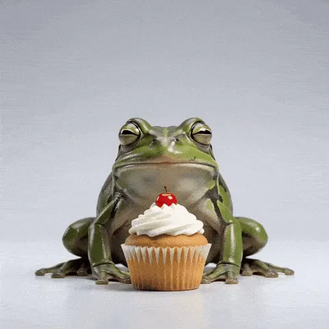 frog cupcake happy birthday GIF — green frog sitting behind a cream-topped cupcake with red fruit