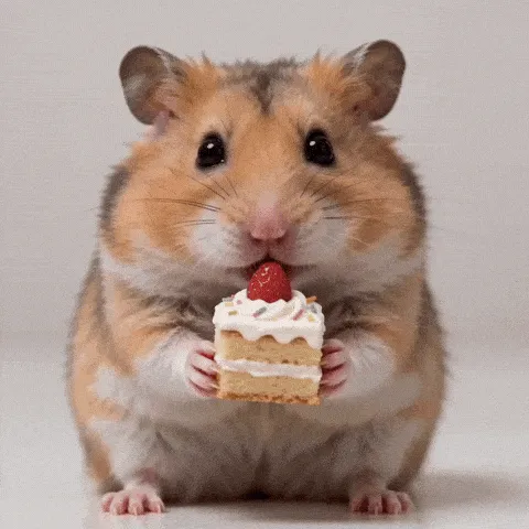 hamster stuff happy birthday GIF — round-cheeked hamster holding a layered cake slice topped with cream