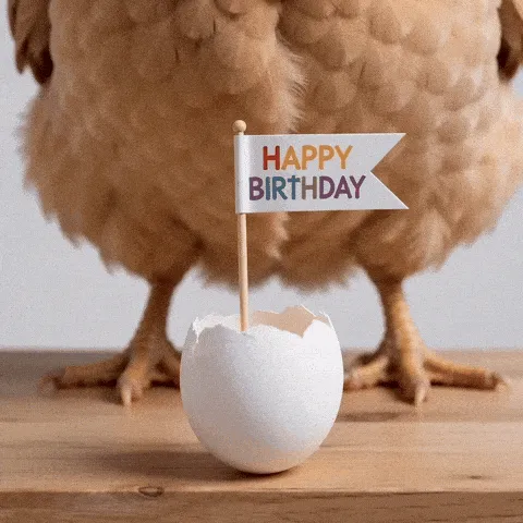 hen egg happy birthday GIF — brown hen standing over an open egg with a tiny birthday flag
