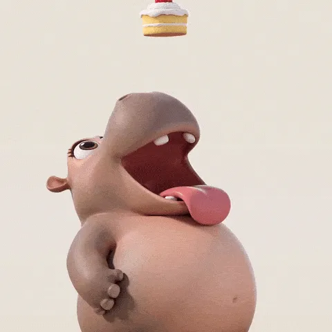 hippo miss happy birthday GIF — round cartoon hippo opening its mouth beneath a falling cake slice