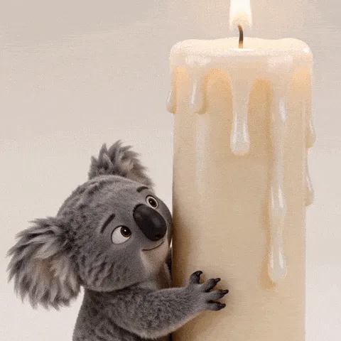 koala meltcandle happy birthday GIF — gray koala hugging an oversized ivory candle with dripping wax