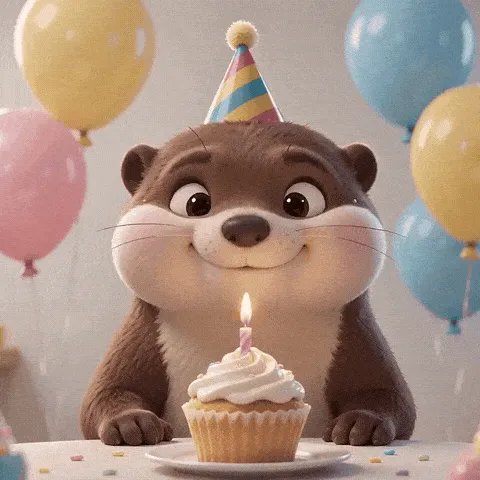 funny otter birthday GIF — party-hat otter beside a candlelit cupcake and colorful balloons