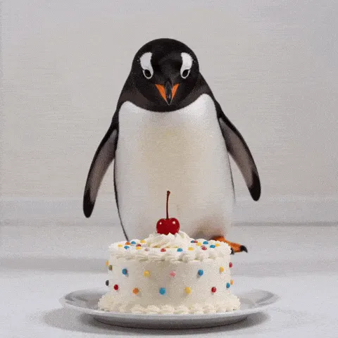 funny penguin birthday GIF — black-and-white penguin facing a sprinkle-covered birthday cake