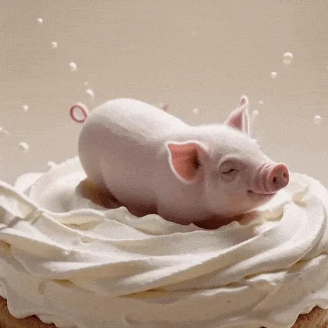 pig roll happy birthday GIF — tiny pink pig rolling across a thick swirl of white cake frosting