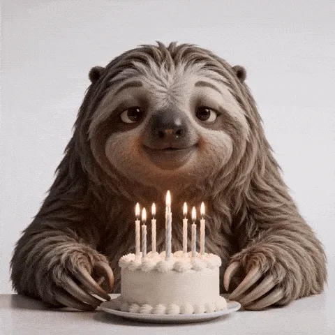 sloth slowblow happy birthday GIF — shaggy sloth slowly facing a cluster of candles on a white cake