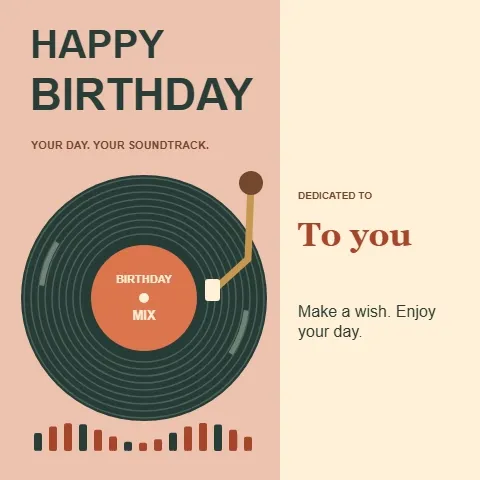 Happy birthday GIF — a spinning vinyl record beside dancing bars and a birthday greeting