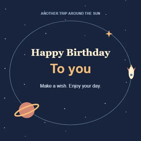 Happy birthday GIF — a tiny rocket circling a greeting among stars in a midnight sky