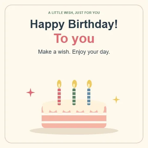 Happy birthday GIF — a strawberry cake with flickering candles on a cream greeting card