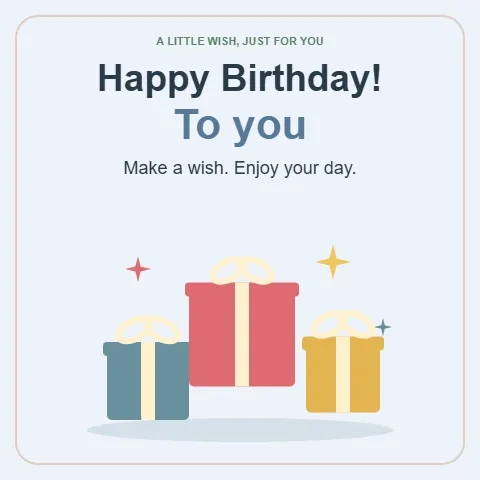 Happy birthday GIF — three ribbon-wrapped presents bouncing on a pale blue greeting card