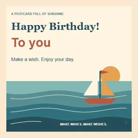 Happy birthday GIF — a sailboat rocking on layered waves beneath a warm seaside sun
